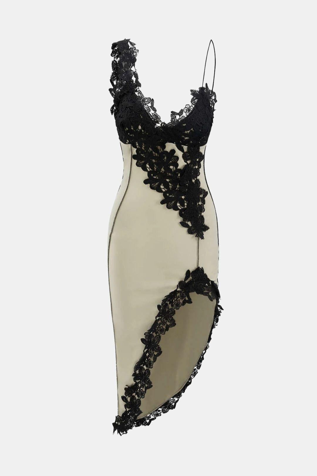Reina – Asymmetric Lace Panel Midi Dress