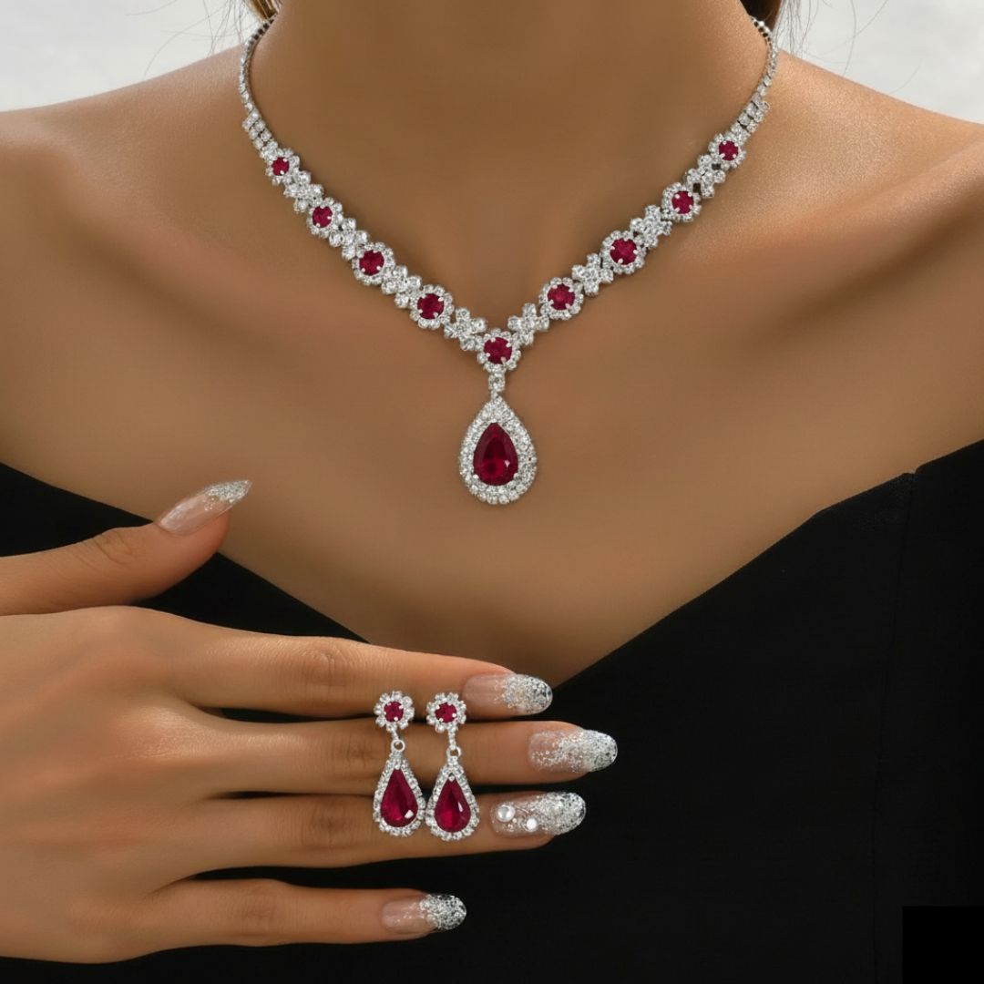 Kaylee - Crystal Droplet Necklace with Earrings Set