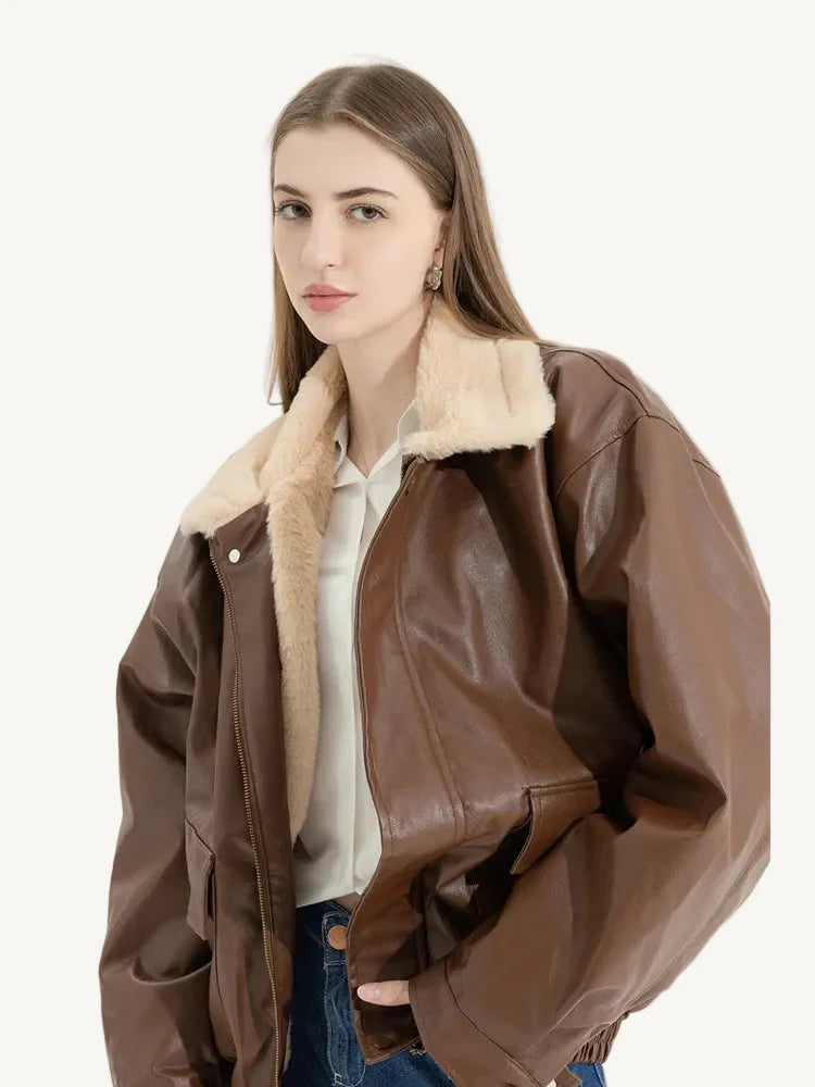 Oversized Bruin Faux-Leren Bomberjack met Fleece Kraag