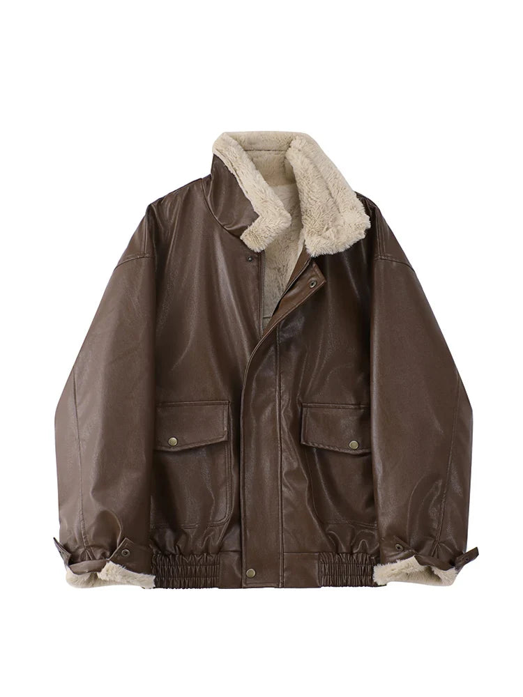 Oversized Bruin Faux-Leren Bomberjack met Fleece Kraag