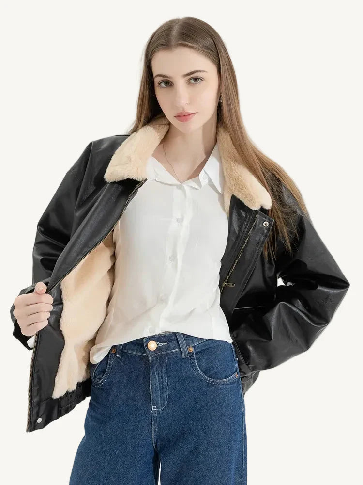 Oversized Bruin Faux-Leren Bomberjack met Fleece Kraag