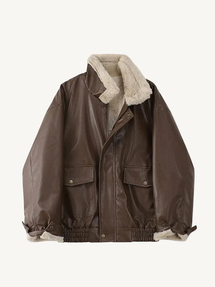 Oversized Bruin Faux-Leren Bomberjack met Fleece Kraag