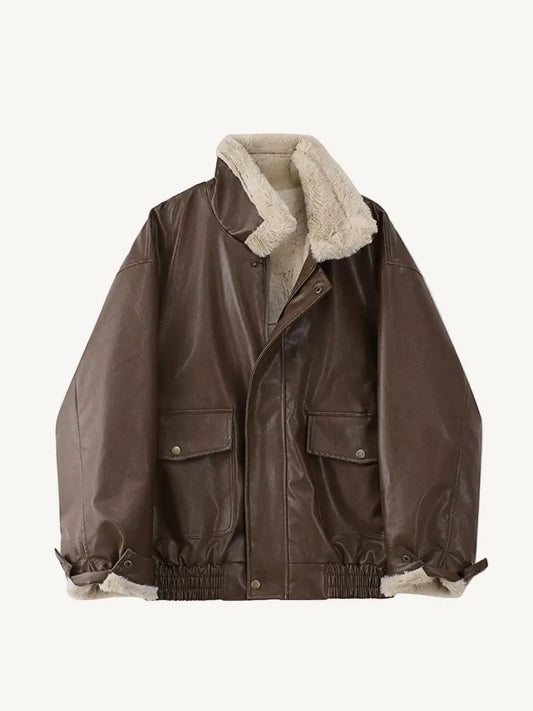 Oversized Bruin Faux-Leren Bomberjack met Fleece Kraag