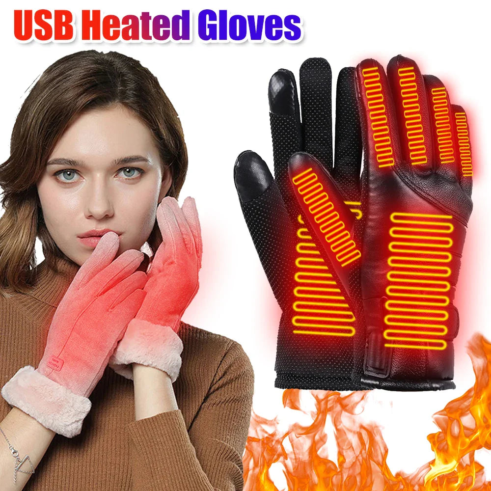 Kvinde iført USB-opladede opvarmede handsker, rød og sort design, med varmeelementer synlige. Perfekt til vinter og udendørs aktiviteter.