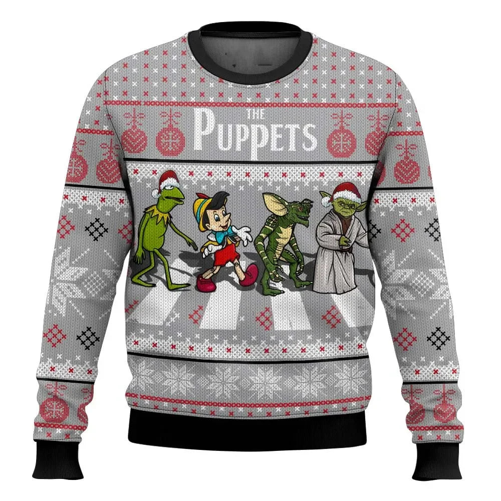 Grå julesweater med "The Puppets" design, featuring figurer som frø, trædukke, grøn skabning og mester i nissehuer. Perfekt til jul og nørdet mode.