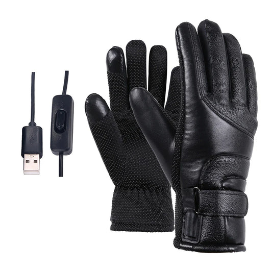 Sort opvarmet handske med USB-tilslutning og justerbar rem. Perfekt til vinterbrug, cykling og udendørsaktiviteter. Komfortabel og praktisk design.