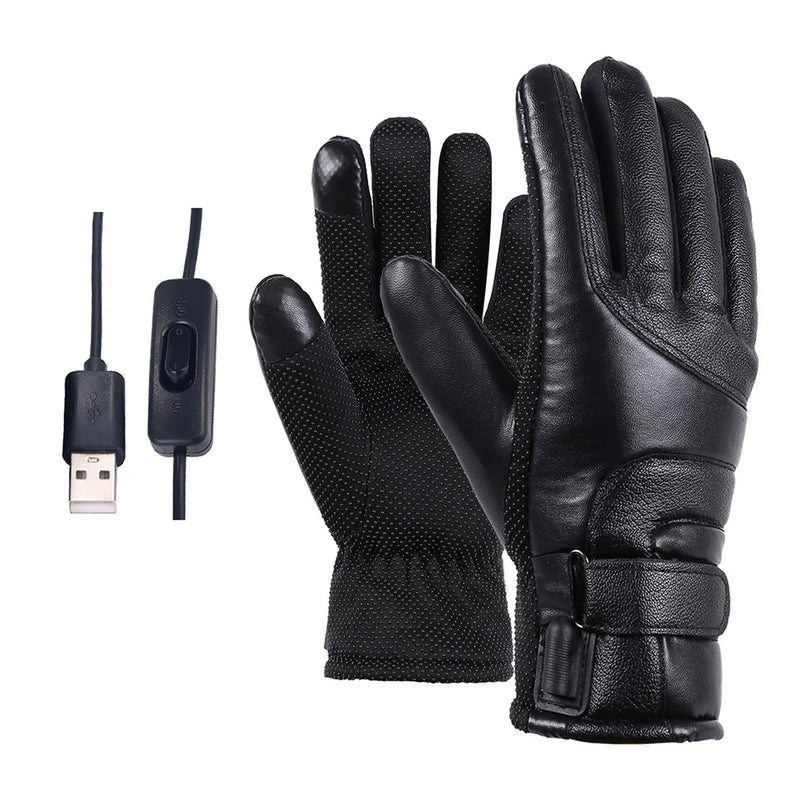 Sort opvarmet handske med USB-tilslutning og justerbar rem. Perfekt til vinterbrug, cykling og udendørsaktiviteter. Komfortabel og praktisk design.