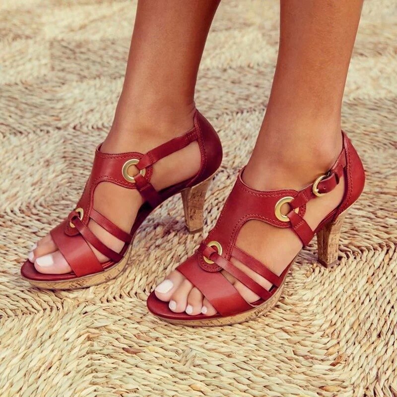 Women’s Strappy Heeled Sandals Black PU Leather Adjustable Fit