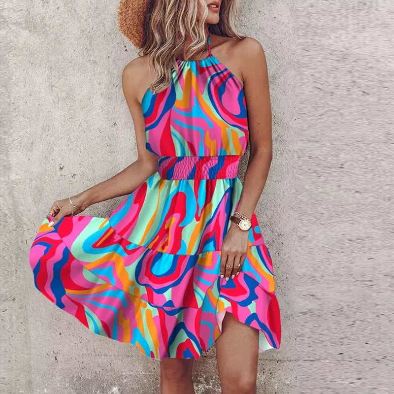 Women’s Printed Boho Mini Dress Backless Lightweight