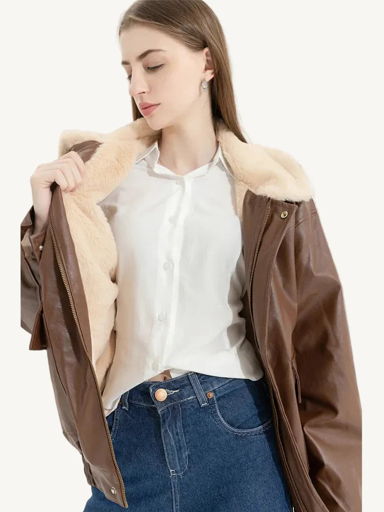 Oversized Bruin Faux-Leren Bomberjack met Fleece Kraag