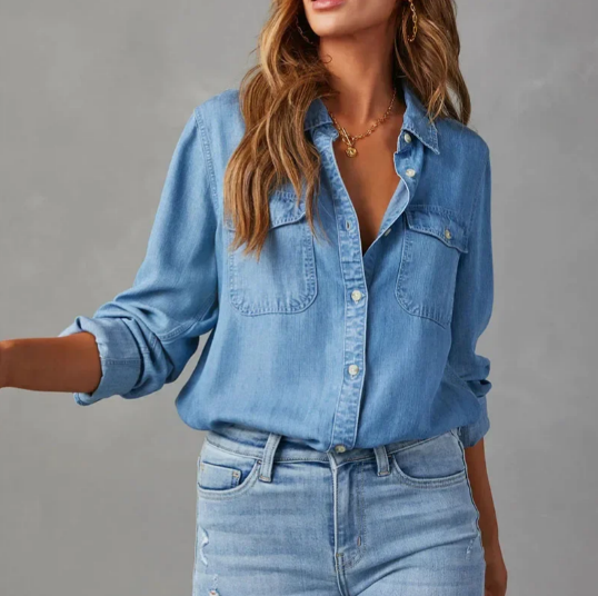 Chemise en jean élégante pour femme – Coupe décontractée à manches longues boutons