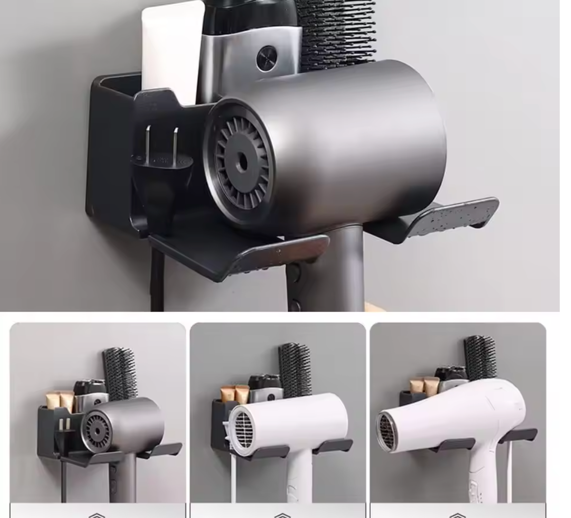 Multifunktionaler Haartrocknerhalter – Wandmontage | Ohne Bohren | Mit Steckeraufbewahrung | ABS-Kunststoff