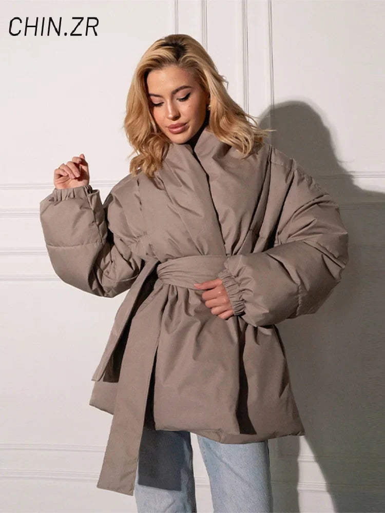 QUOTED Casual Lace Up Women Winter Coats 2025 Belt Stand Collar Zipper Full Sleeve Kimono Jacket Lady Solid Thick Warm Outwear New