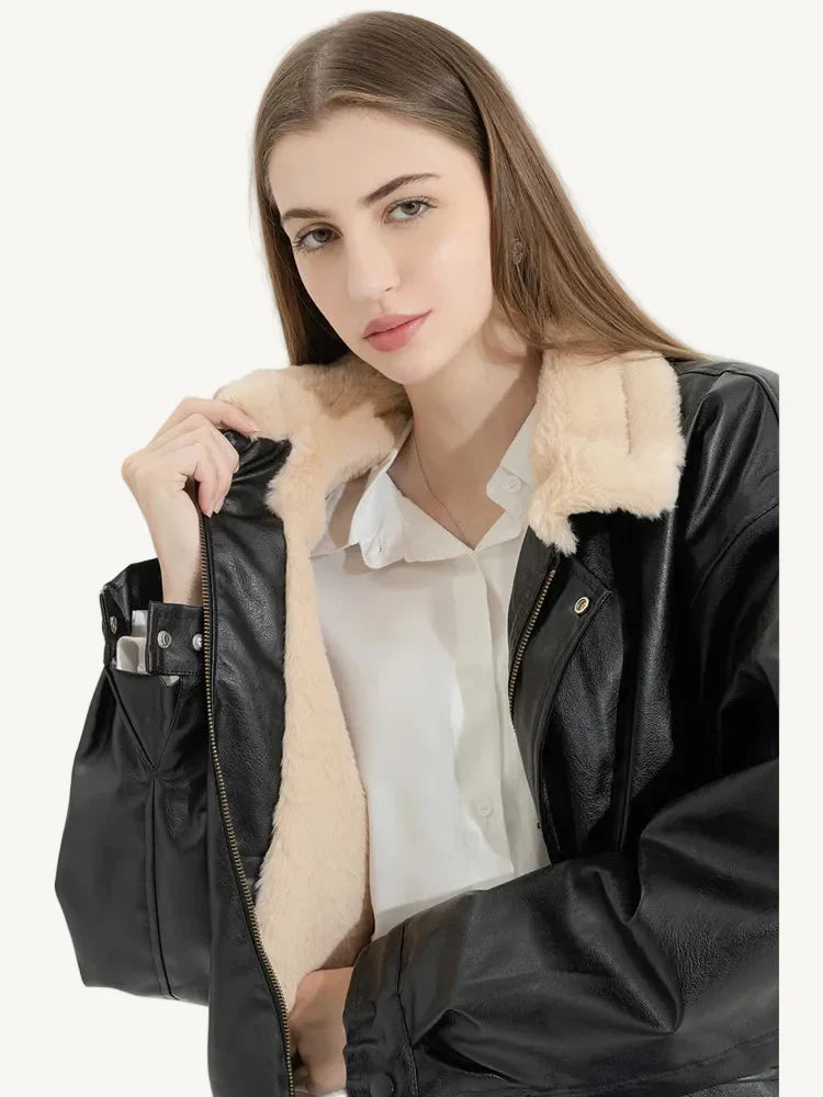 Oversized Bruin Faux-Leren Bomberjack met Fleece Kraag