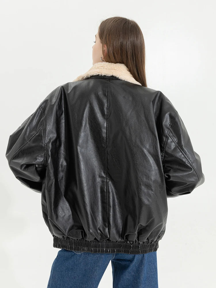 Oversized Bruin Faux-Leren Bomberjack met Fleece Kraag