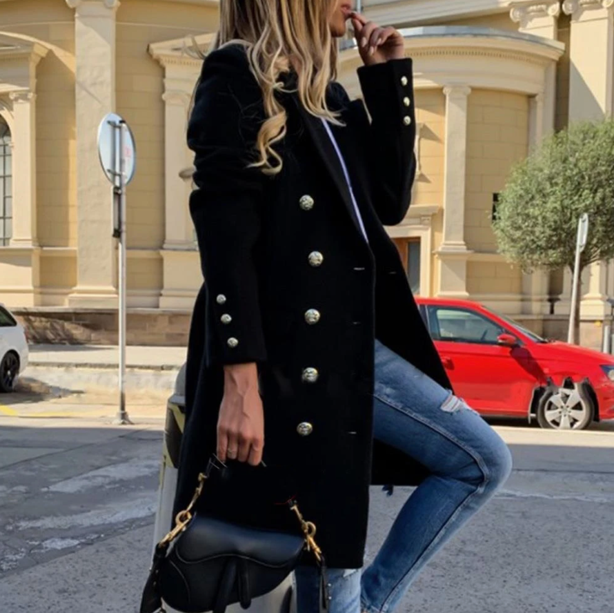 Dubbelrijige Midilange Trenchcoat met Wollook voor Dames