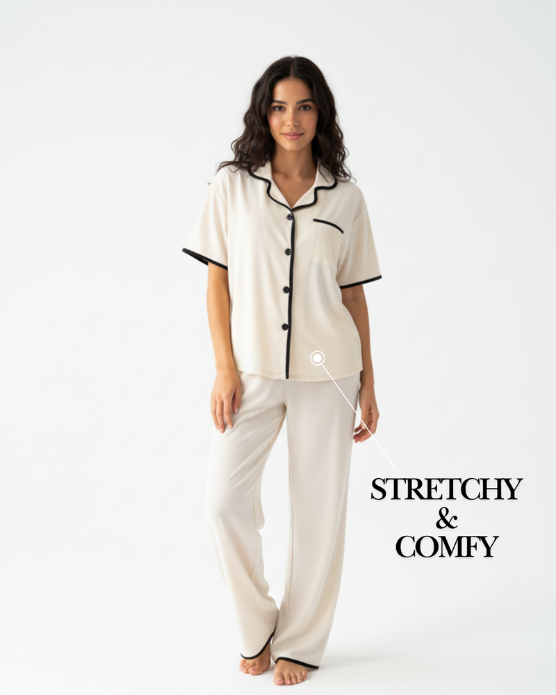 Soft Touch Cream Pajama Set – Short Sleeve Top & Full-Length Pants