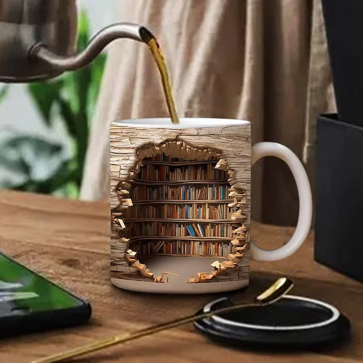 BookBrew – 3D-Bibliotheksdesign Tasse