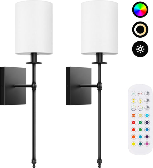 Lumora Battery Operated Wall Sconces Set of 2 – Wireless Dimmable LED Lights with Remote & RGB Modes
