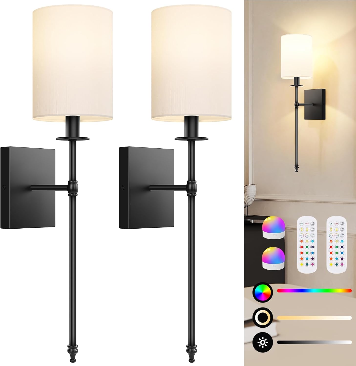 Lumora Battery Operated Wall Sconces Set of 2 – Wireless Dimmable LED Lights with Remote & RGB Modes