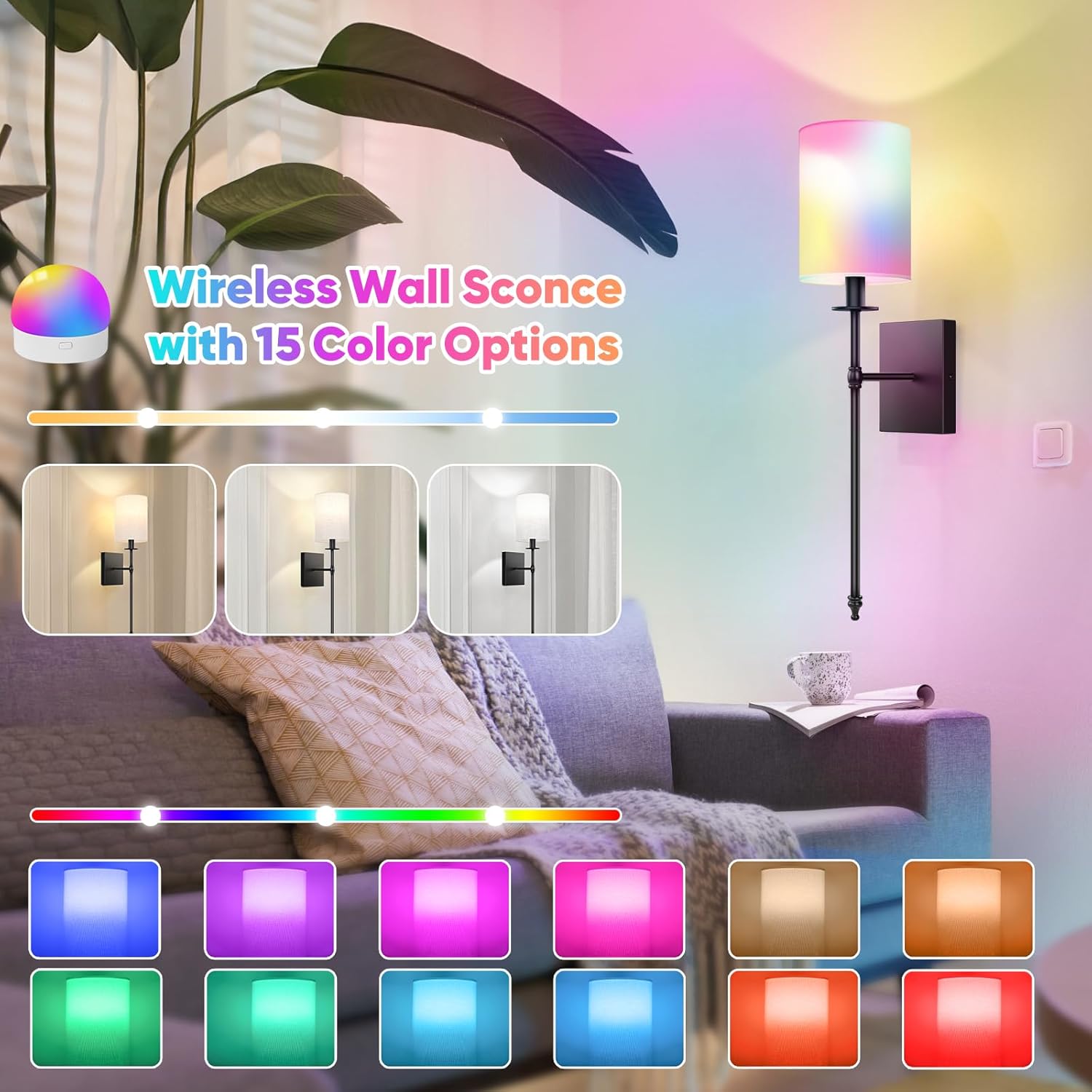 Lumora Battery Operated Wall Sconces Set of 2 – Wireless Dimmable LED Lights with Remote & RGB Modes