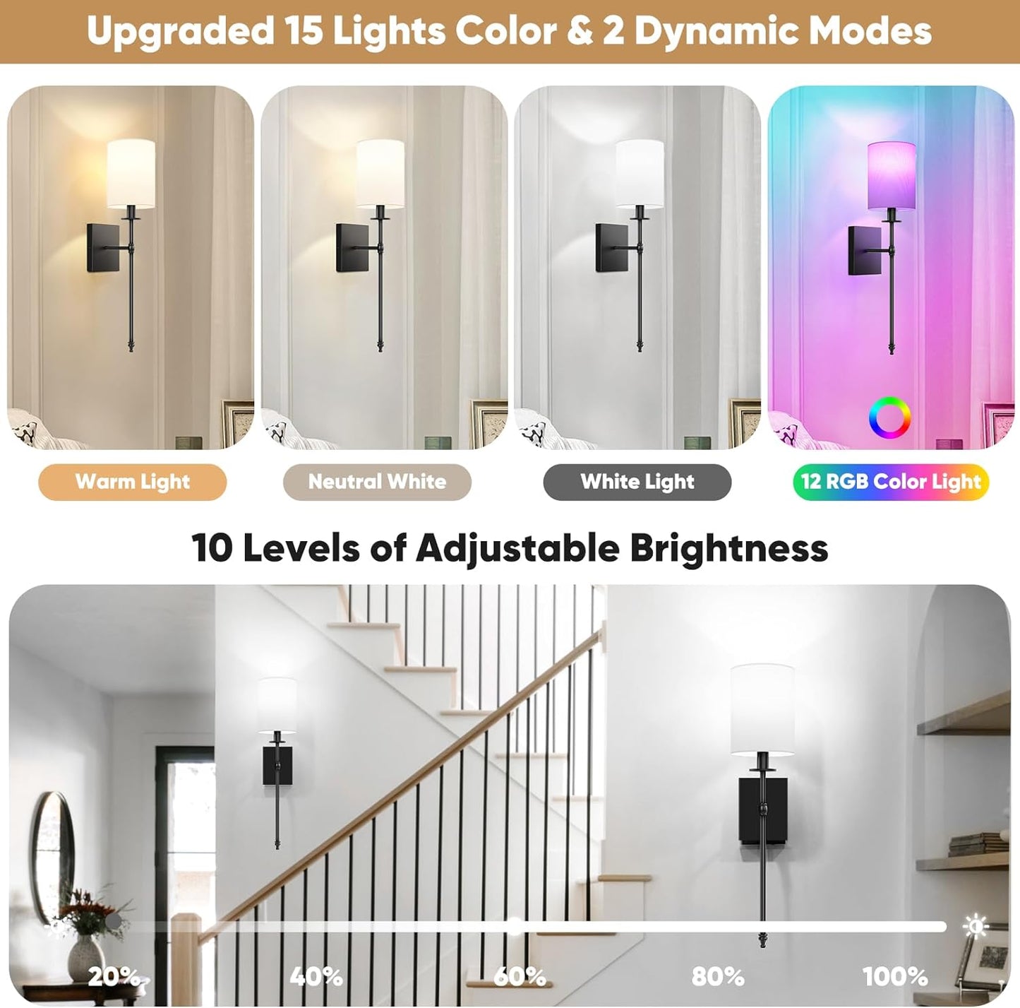 Lumora Battery Operated Wall Sconces Set of 2 – Wireless Dimmable LED Lights with Remote & RGB Modes