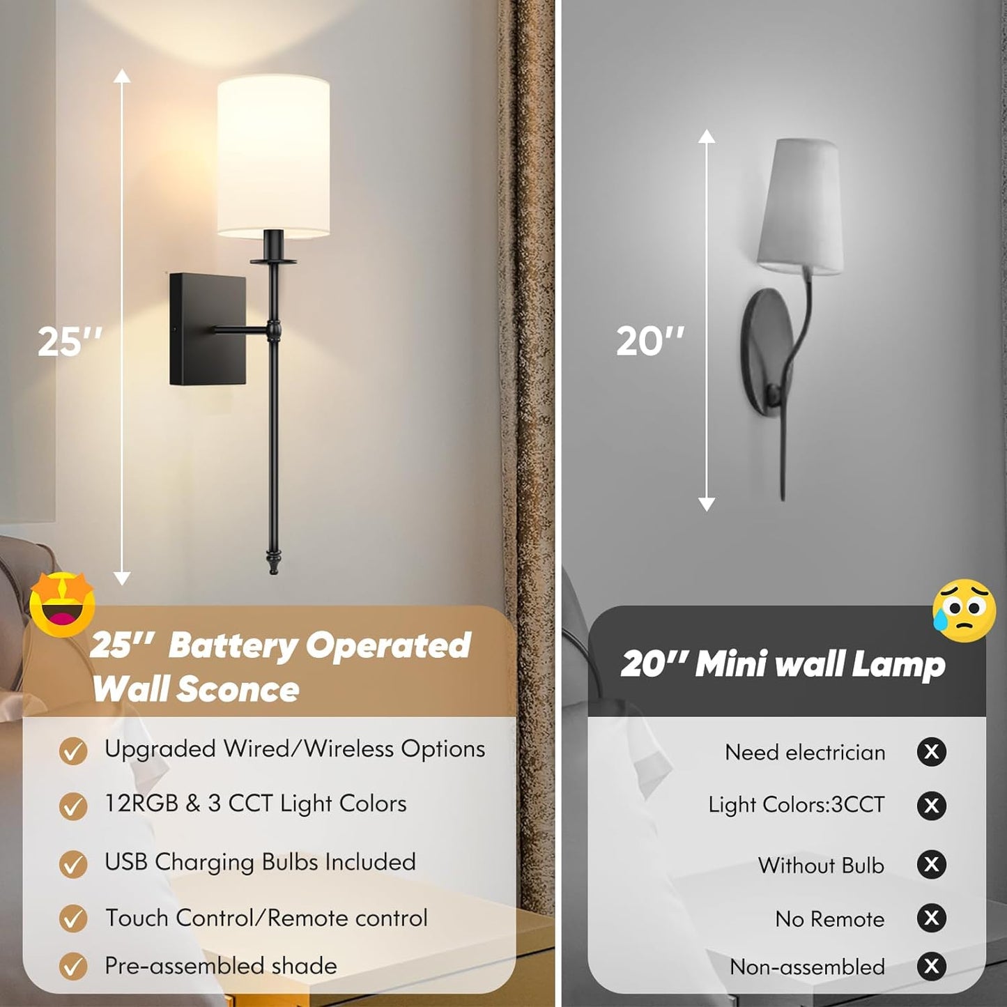 Lumora Battery Operated Wall Sconces Set of 2 – Wireless Dimmable LED Lights with Remote & RGB Modes
