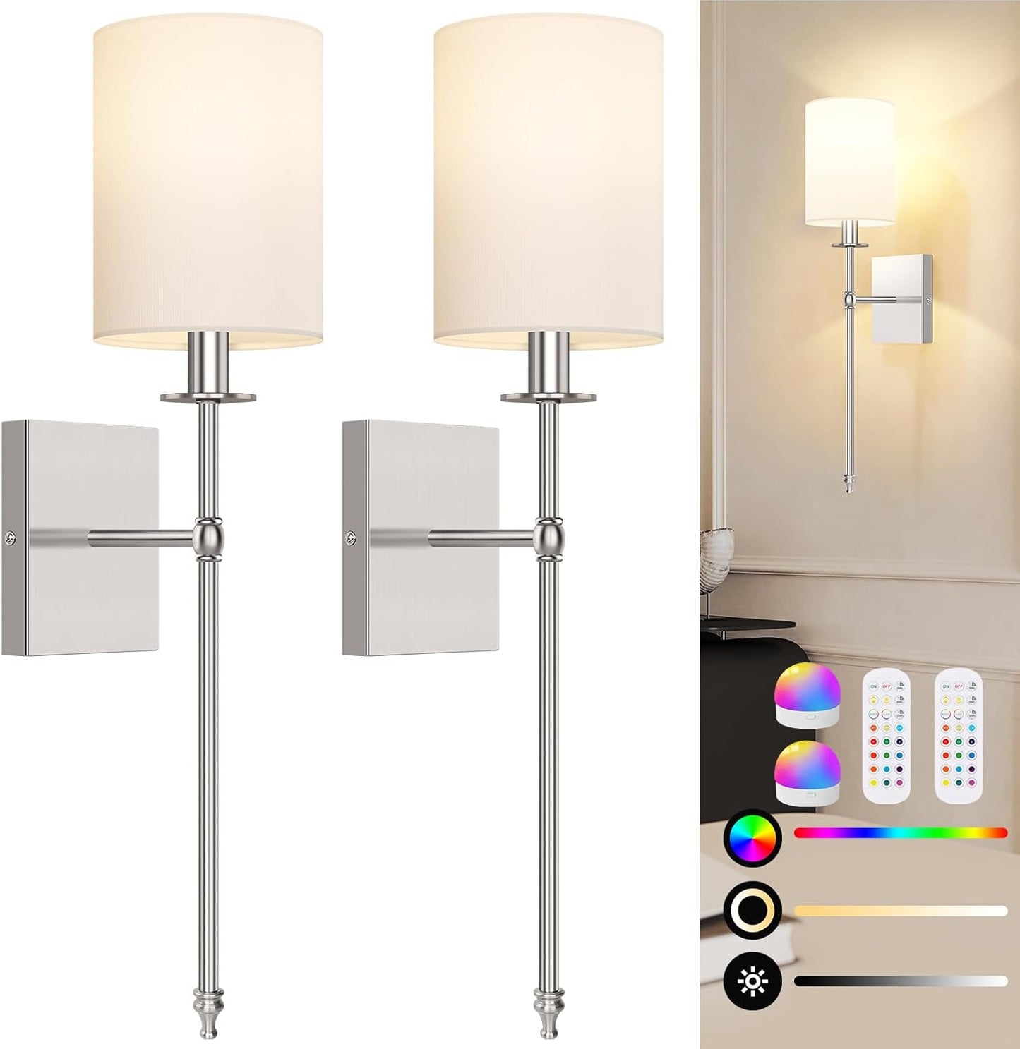 Lumora Battery Operated Wall Sconces Set of 2 – Wireless Dimmable LED Lights with Remote & RGB Modes