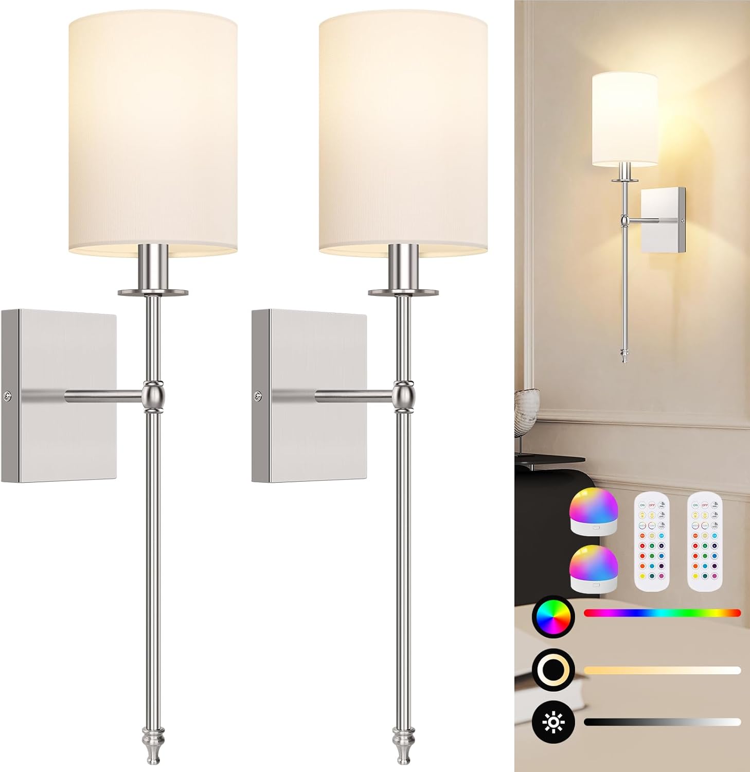Lumora Battery Operated Wall Sconces Set of 2 – Wireless Dimmable LED Lights with Remote & RGB Modes