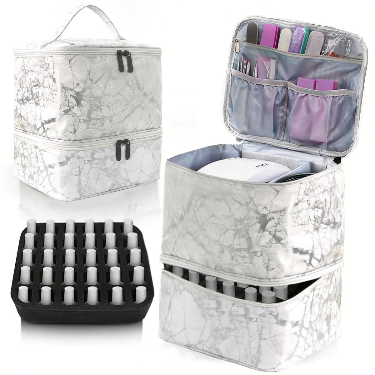 White Marble Double Layer Pu Nail Polish Storage Case With High Capacity For Essential Oils And Lamp Portable & Adjustab