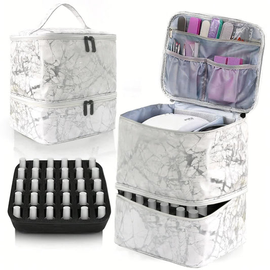 White Marble Double Layer Pu Nail Polish Storage Case With High Capacity For Essential Oils And Lamp Portable & Adjustab