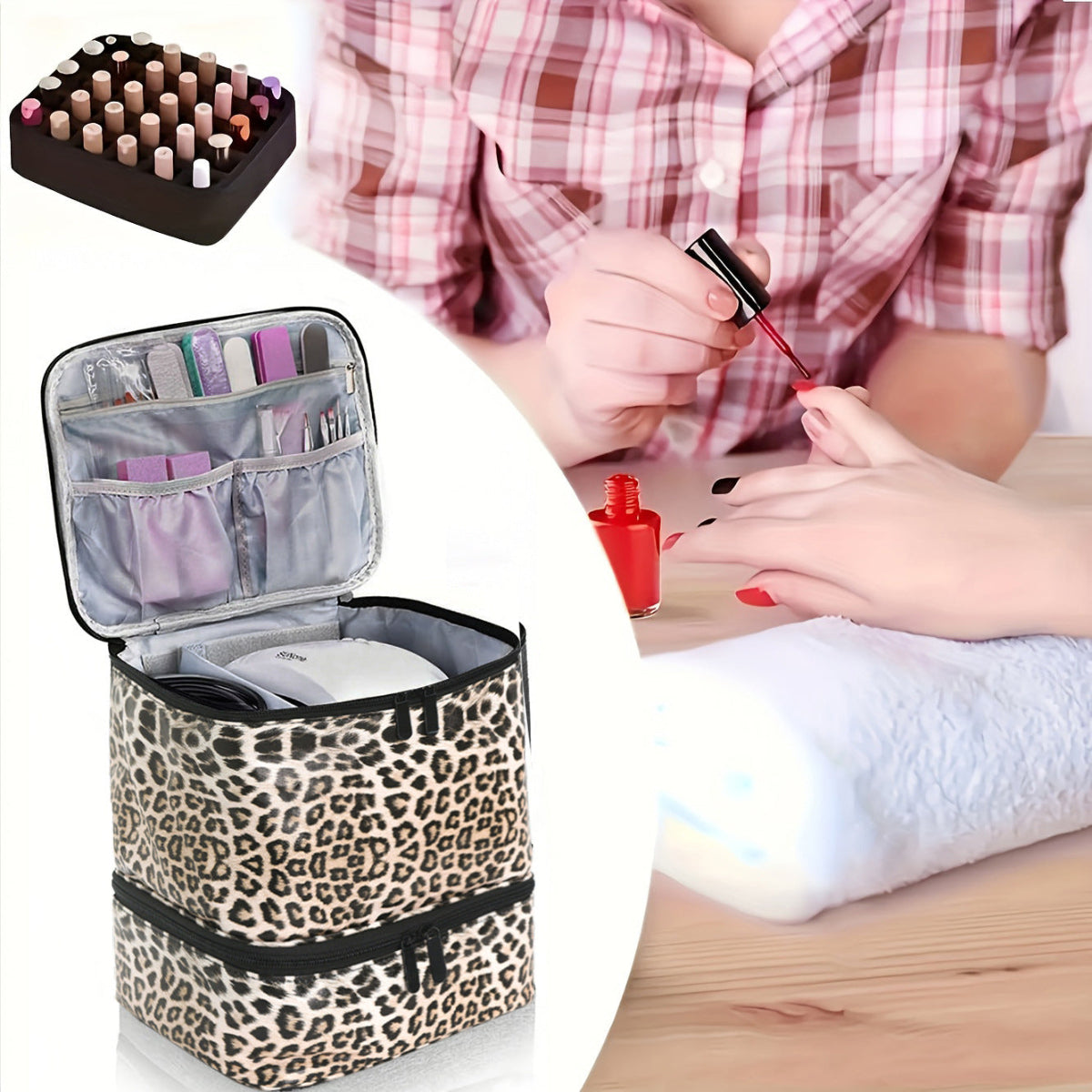 White Marble Double Layer Pu Nail Polish Storage Case With High Capacity For Essential Oils And Lamp Portable & Adjustab