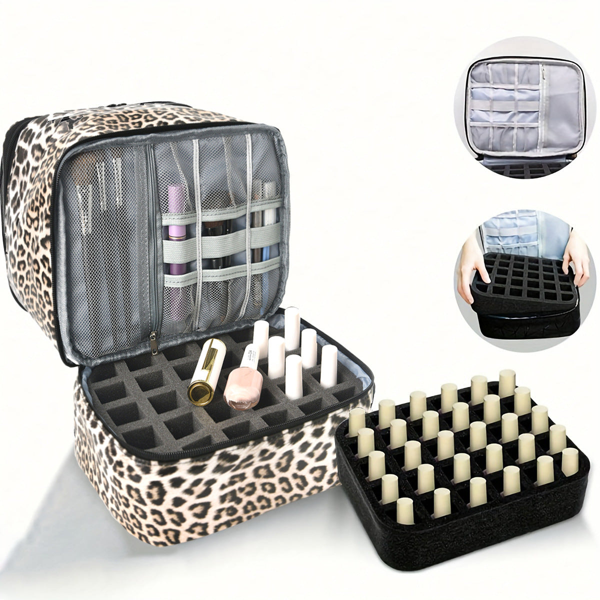 White Marble Double Layer Pu Nail Polish Storage Case With High Capacity For Essential Oils And Lamp Portable & Adjustab