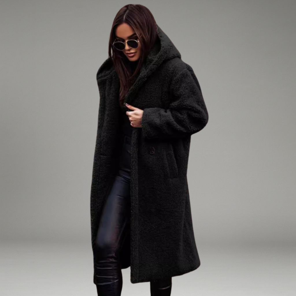 Women’s Long Coat with Hood and Front Closure