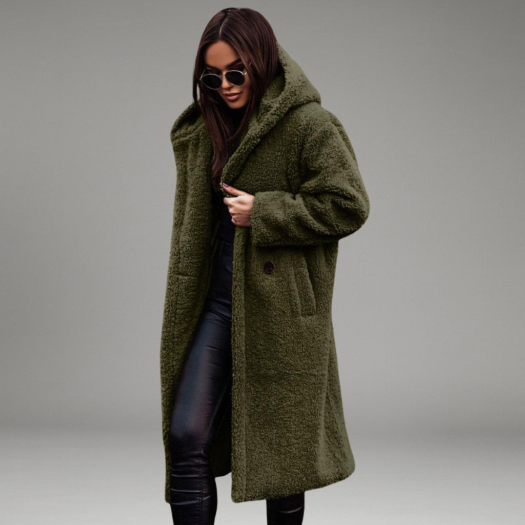 Women’s Long Coat with Hood and Front Closure