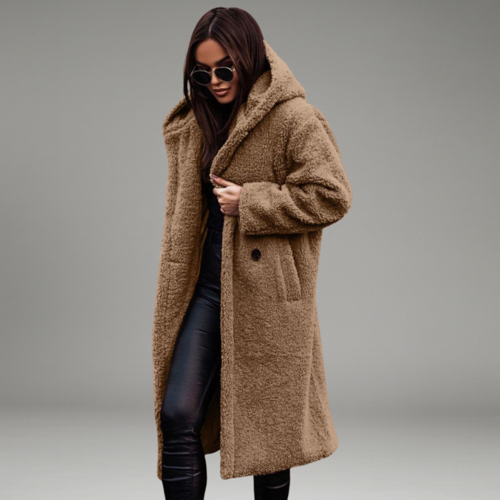 Women’s Long Coat with Hood and Front Closure