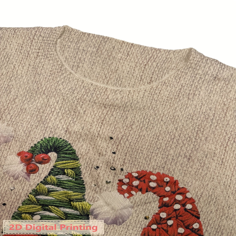 Pull de Noël beige avec motifs brodés de chapeaux de lutin verts et rouges, décorés de baies et flocons. Design festif et original.