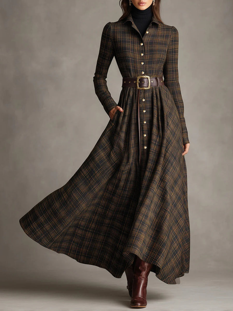 Brown and black plaid shirt with collar, classic fit, and long length