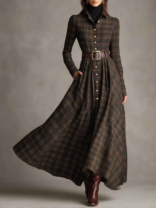 Elegantes braunes und schwarzes Karo-Plateau-Etiketten-Einzelschulter-Kleid