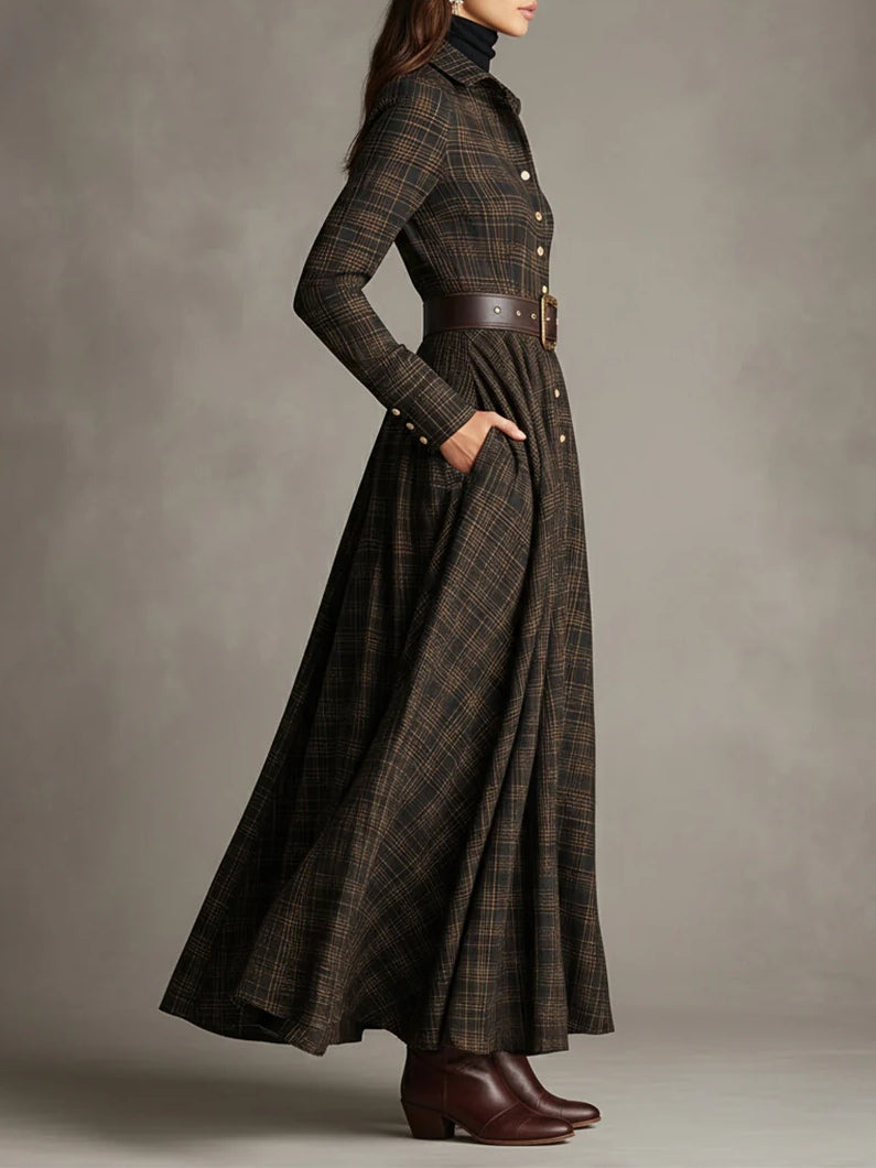 Brown and black plaid shirt with collar, classic fit, and long length