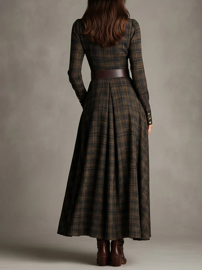 Brown and black plaid shirt with collar, classic fit, and long length