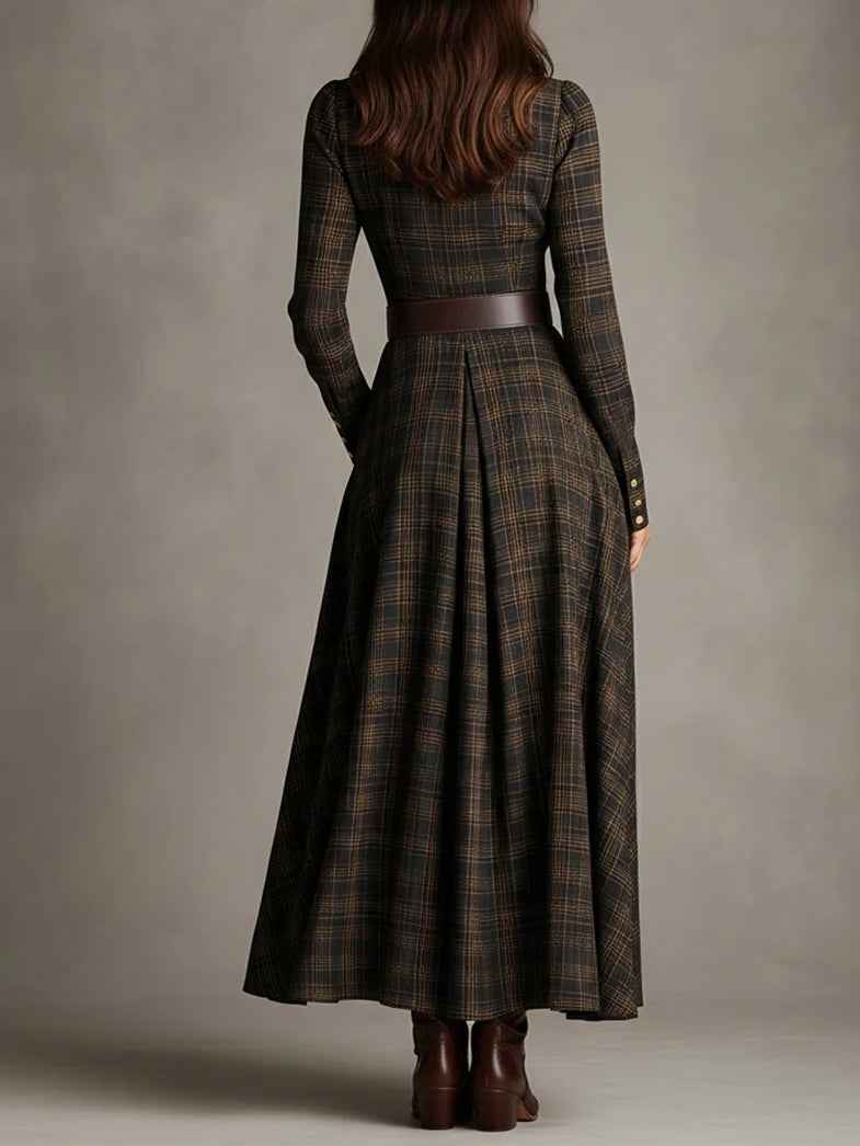 Elegantes braunes und schwarzes Karo-Plateau-Etiketten-Einzelschulter-Kleid