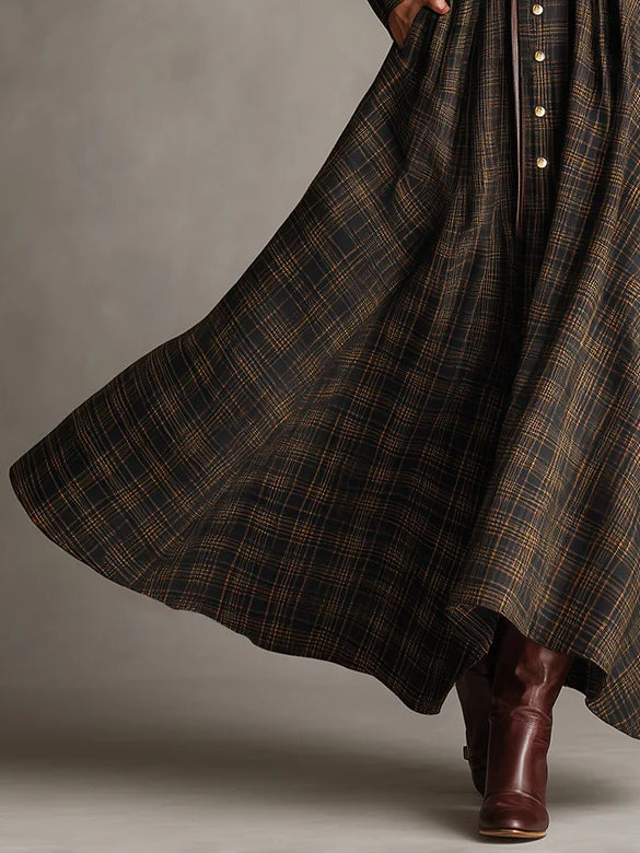 Brown and black plaid shirt with collar, classic fit, and long length
