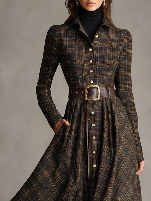 Brown and black plaid shirt with collar, classic fit, and long length