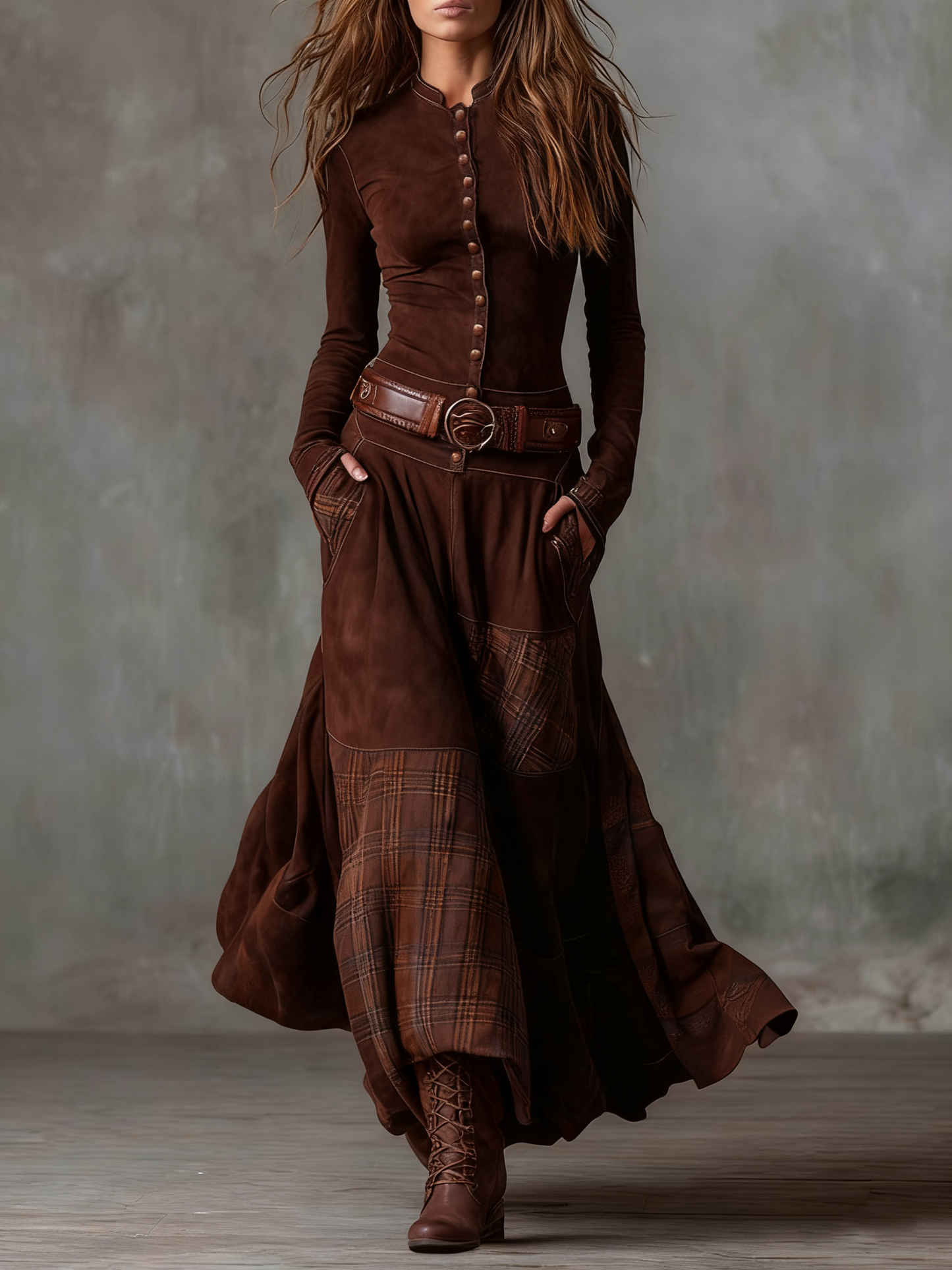 Rufiza | Figurbetontes Wildleder Maxikleid mit Gürtelakzent