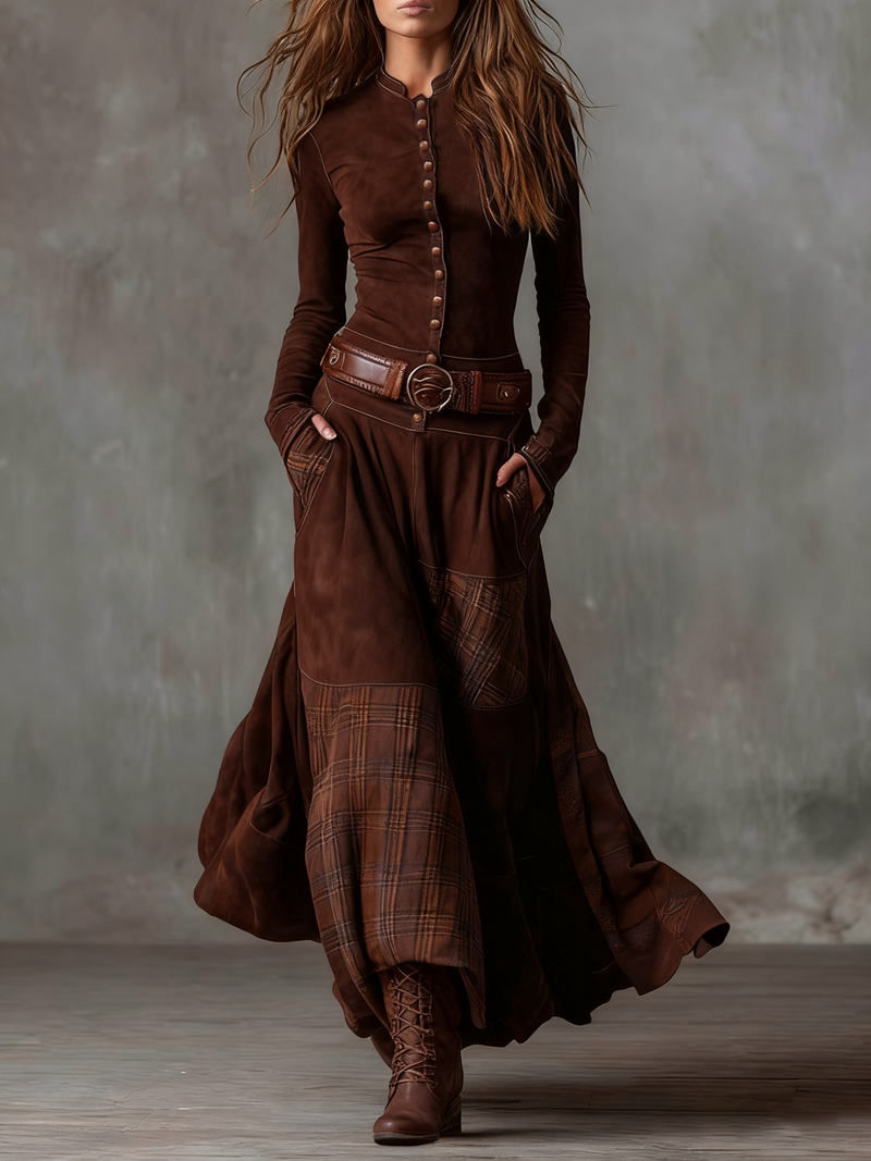 Rufiza | Figurbetontes Wildleder Maxikleid mit Gürtelakzent