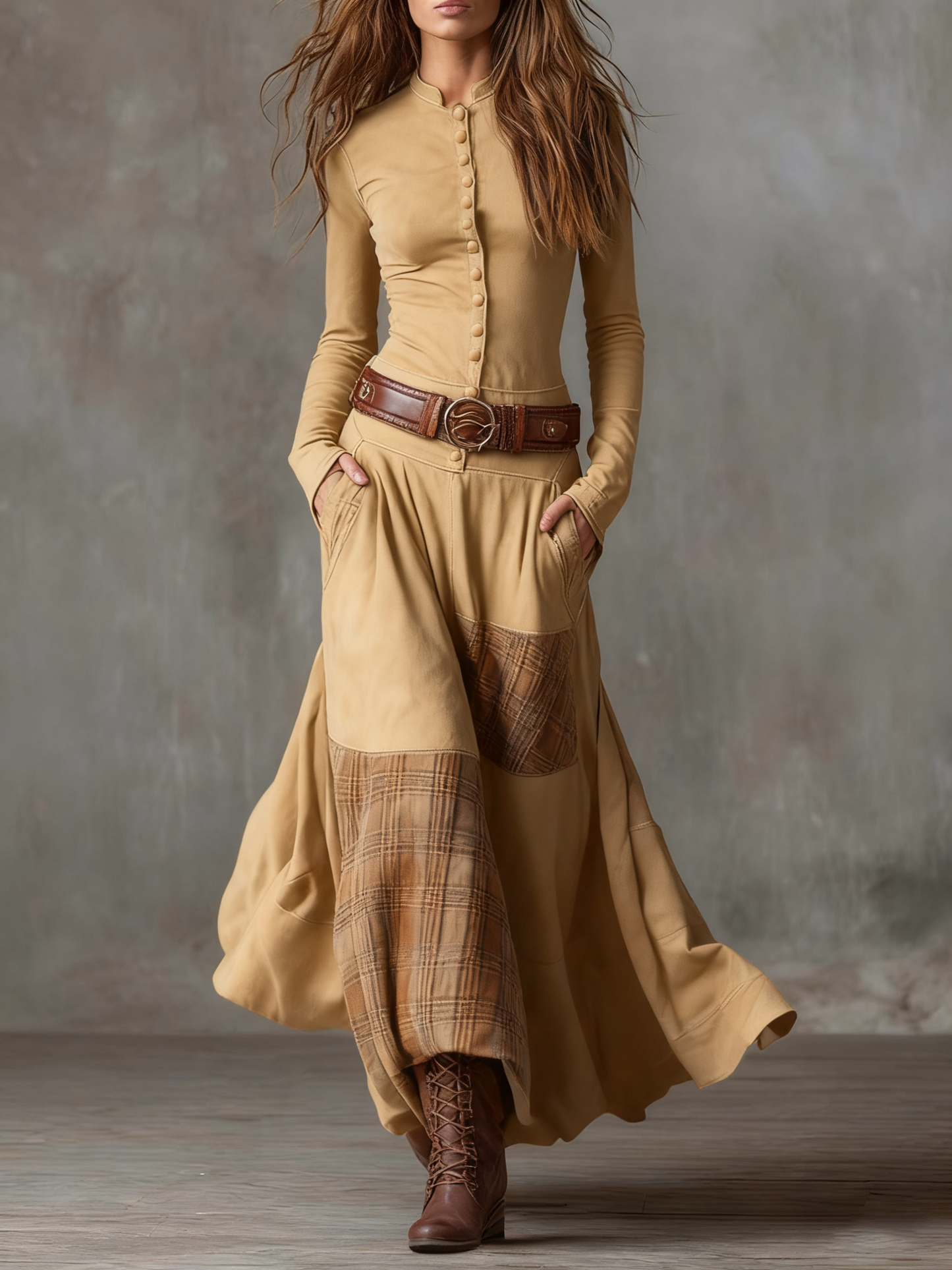 Rufiza | Figurbetontes Wildleder Maxikleid mit Gürtelakzent