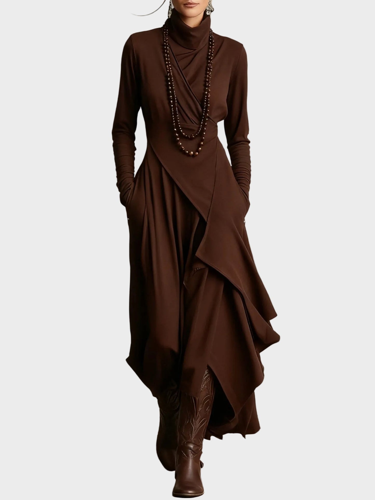 Ioana - Rochie midi fluidă cu guler înalt
