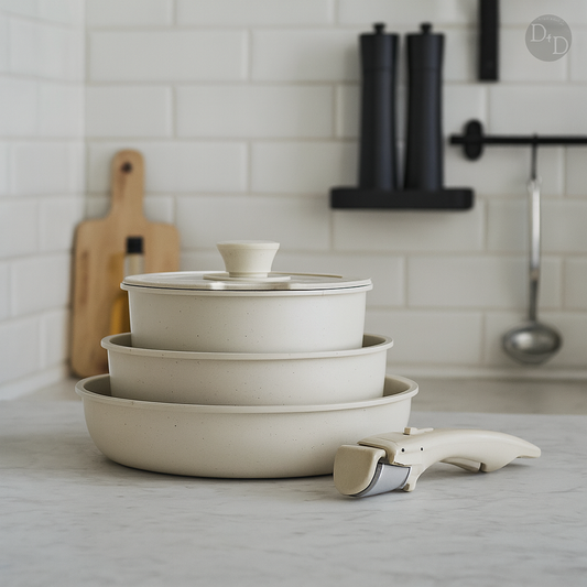 Zestaw naczyń indukcyjnych oszczędzających miejsce z ceramiczną powłoką zapobiegającą przywieraniu – patelnie sztaplowane do zdrowego gotowania 0