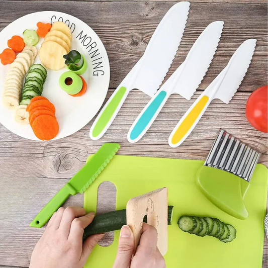 Zestaw noża dla dzieci wykonany z żywności - Bezpieczny plastik - 3 częściowo, bezpieczny design do kreatywnego gotowania od 3 lat, niebieski, zielony, żółty